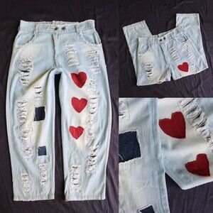 Paper Lacer vintage Heart patch Distressed Baggy Jeans Boho Cottage Patchwork S